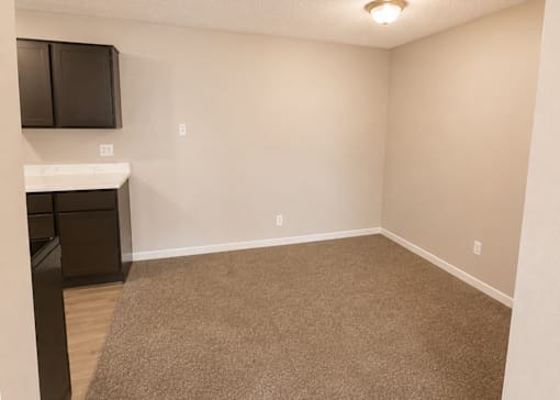 A room with a brown carpet and a white countertop.
