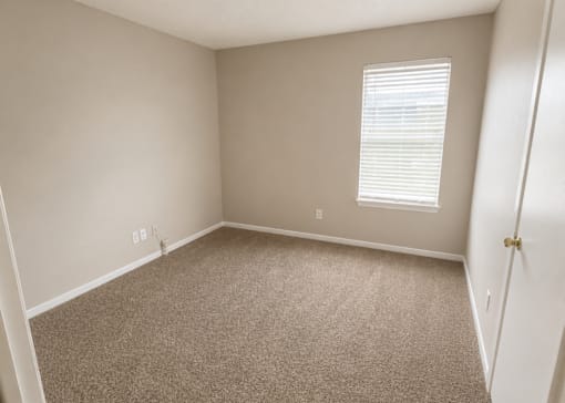 A room with a carpeted floor and a window with blinds.