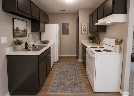A kitchen with white appliances and dark brown cabinets.