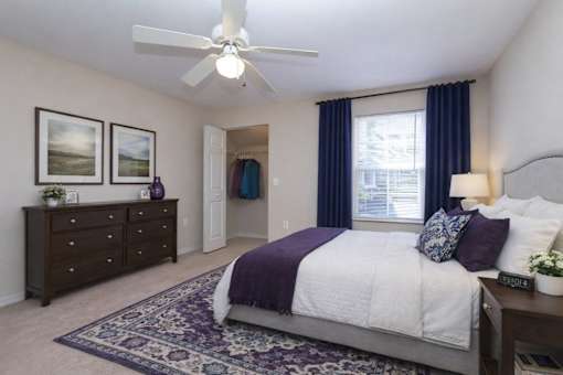 Master bedroom with purple accents and walk-in closet at Walnut Ridge Apartments, North Carolina, 27610