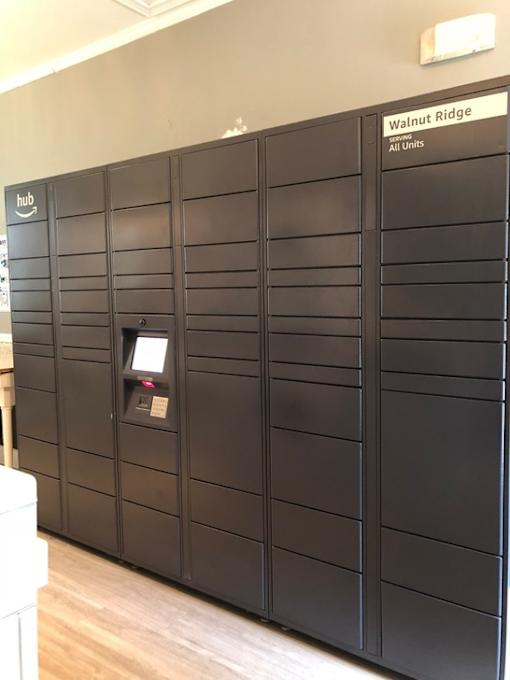 Amazon hub package locker system in lobby at Walnut Ridge Apartments, Raleigh