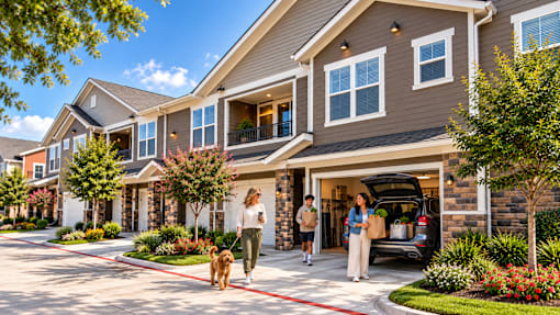 A woman is walking her dog in front of a modern two-story house.