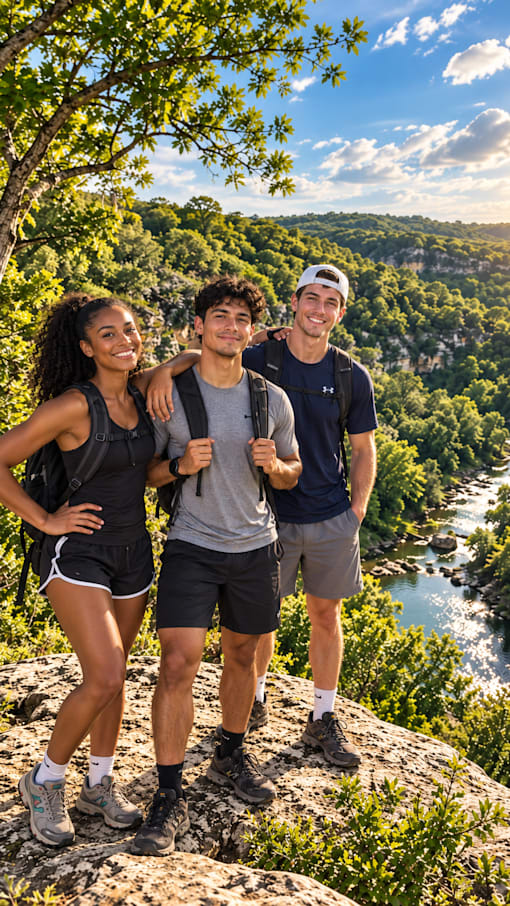 Three people standing on a rocky outcrop with a river and trees in the background.