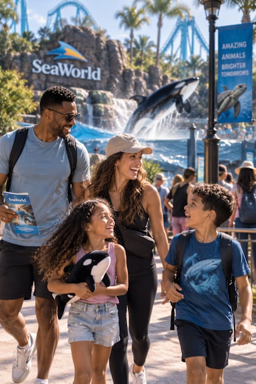 A family of four is walking together at the SeaWorld theme park.