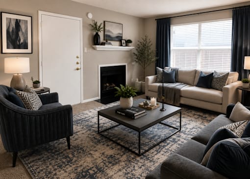 A living room with a fireplace, two couches, and a coffee table.
