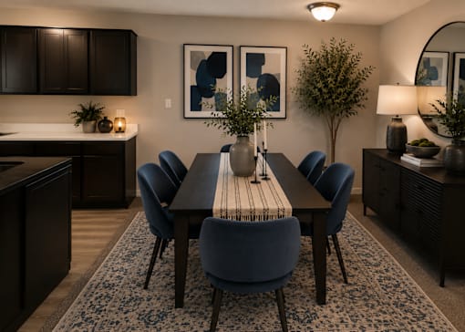 A dining room with a table surrounded by chairs and a plant on the table.