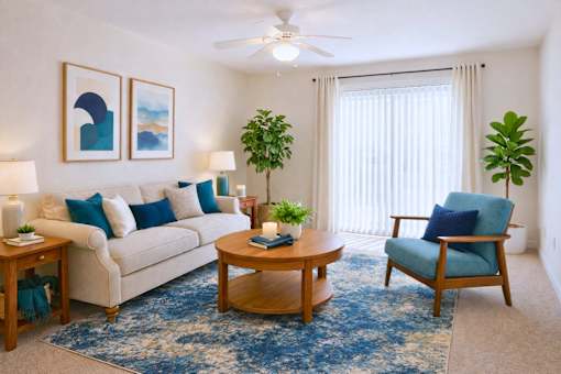 Living room with teal accents and mid century chair at Walnut Ridge Apartments, Raleigh, 27610