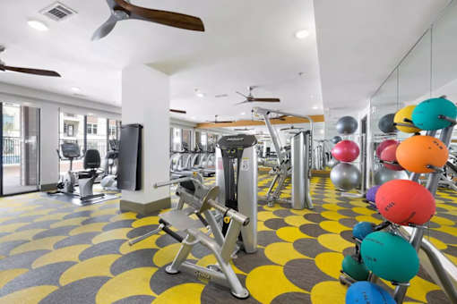A gym with a variety of equipment and a yellow and black floor.