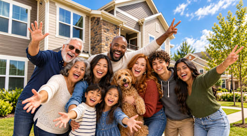 A group of people are standing in front of a house with a dog.
