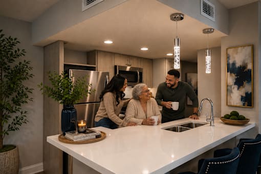 A family of three is gathered around a kitchen island.