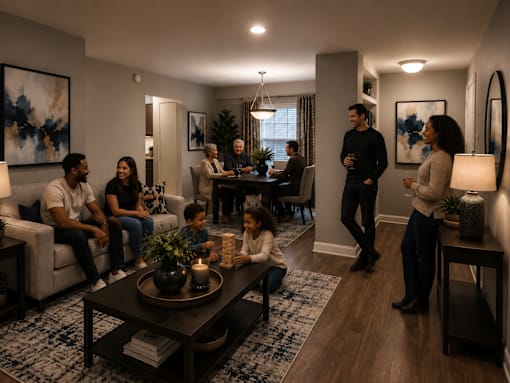 A group of people are gathered in a living room.