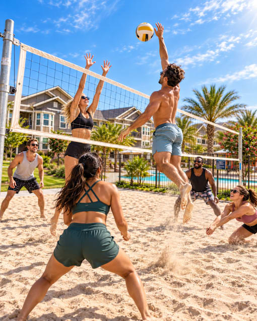 A group of people playing beach volleyball on a sunny day.