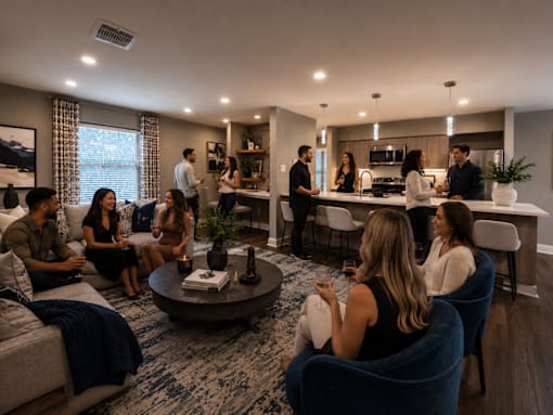 A group of people are gathered in a modern living room.