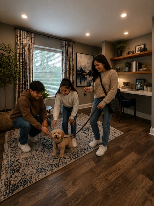 A family of three is playing with a small dog in a living room.