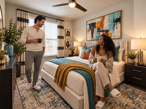 A man and a woman are in a bedroom with a bed, a ceiling fan, and a painting on the wall.