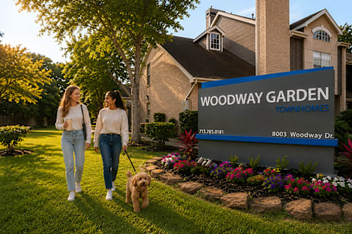 Two women walking a dog in front of a sign for Woodway Garden Townhomes.