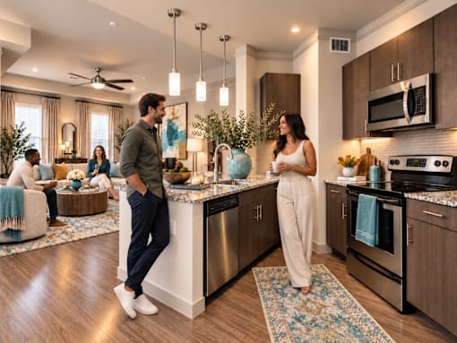A man and woman are standing in a modern kitchen with a man sitting on a couch in the background.
