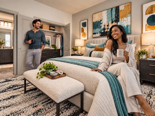 A man and a woman are in a bedroom with a bed, a bench, and a painting on the wall.