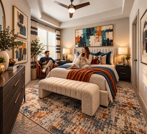 A woman is sitting on a couch in a room with a large bed and a rug.