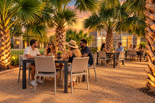 A group of people are sitting around a table outside with palm trees in the background.