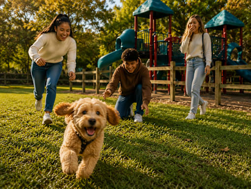A dog is running towards the camera with two people chasing it in a park.