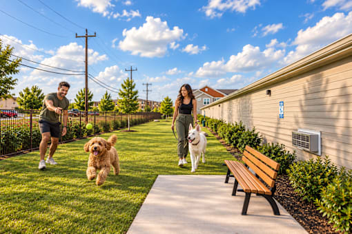A man and woman are walking their dogs in a sunny park.