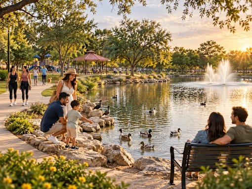 A family is enjoying a sunny day at the park by the pond.