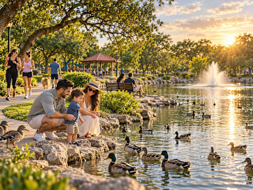 A family is feeding ducks in a park.