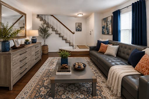 A living room with a grey couch, a coffee table, and a staircase.