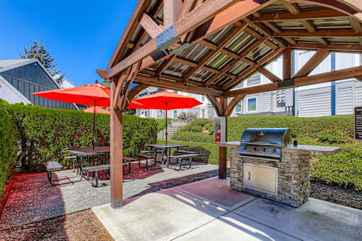 Happy Valley Apartments for Rent - Sunnyside Village - Outdoor Grilling Station Under a Large Built-In Awning with a Covered Stainless Steel Grill and Two Picnic Tables with Built-In Seating and Umbrellas