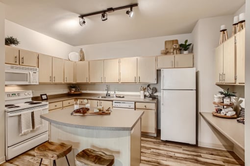 Apartments in Fairview for Rent-Lodges at Lake Salish-Kitchen with Appliances, Spotlight Lighting, and Hardwood Style Flooring