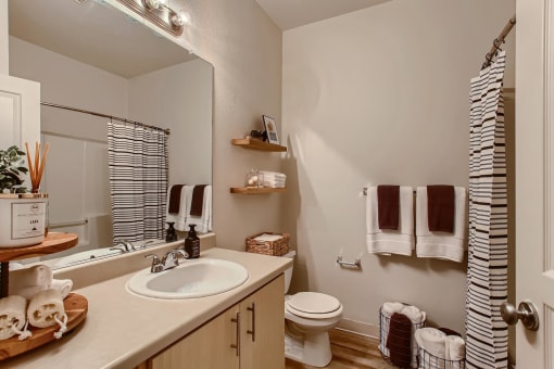 Apartments in Fairview, OR for Rent - Lodges at Lake Salish - Bathroom with Hardwood-Style Flooring, a Large Sink Vanity, and Modern Hardware