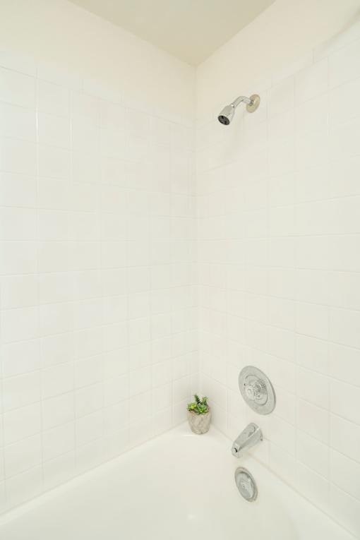 A white tiled shower with a plant and two shower heads.