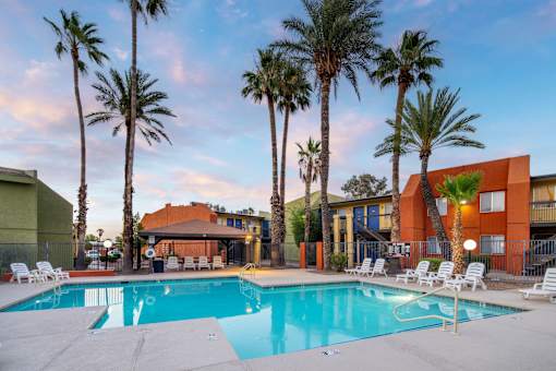 A swimming pool surrounded by palm trees and lounge chairs.