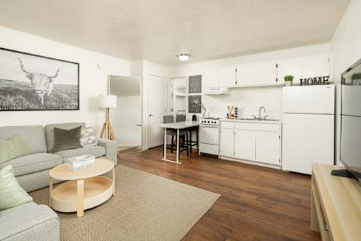 A living room with a couch, a coffee table, and a kitchen area in the background.
