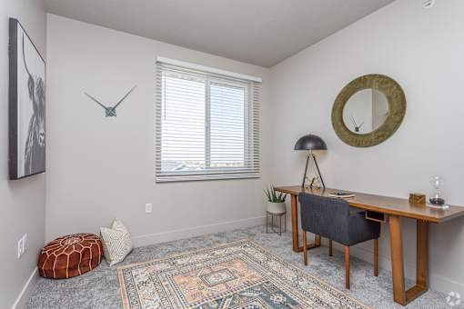 A room with a desk, chair, and a rug.