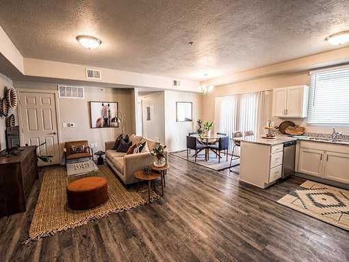 A living room with a couch, a chair, a coffee table, and a rug.