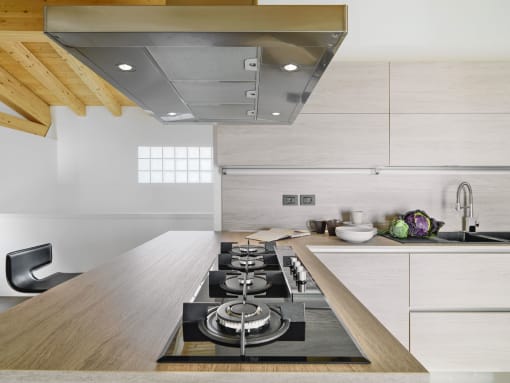 a kitchen with white cabinets and a wooden countertop