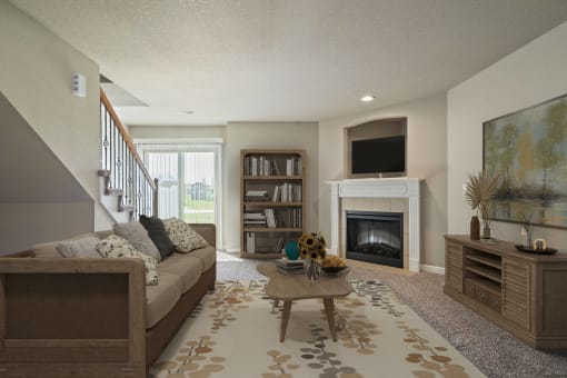 a living room with a couch and a fireplace