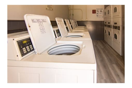 a row of washers and dryers in a laundry room