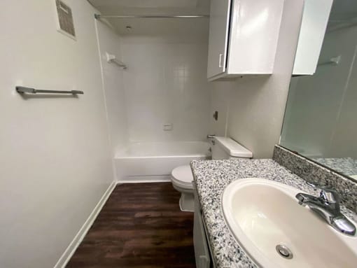 a bathroom with a sink toilet and bathtub