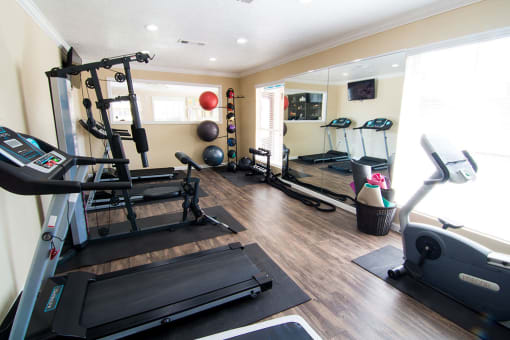 a home gym with treadmills and other exercise equipment