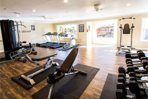 a room filled with cardio equipment and weights