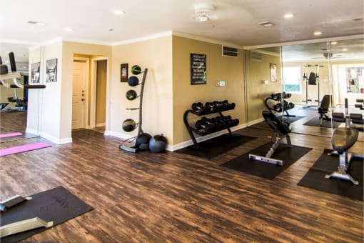 a home gym with a variety of exercise equipment