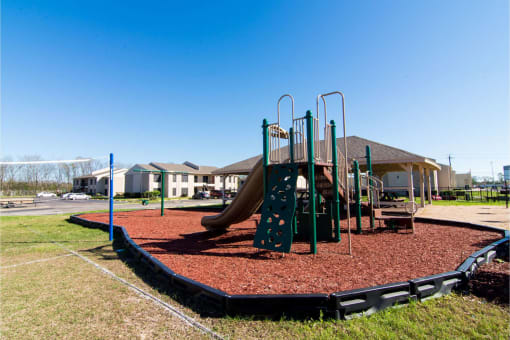 a playground with a slide and monkey bars in front of a house