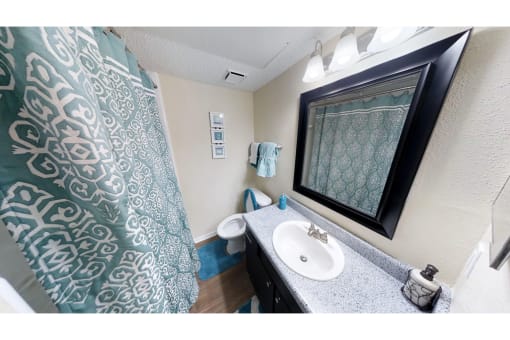 a bathroom with a sink and a mirror