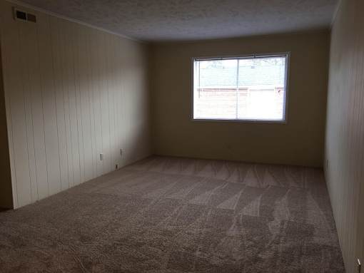 A room with a carpeted floor and a window.
