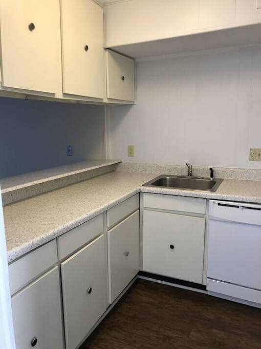 A kitchen with white cabinets and a sink.