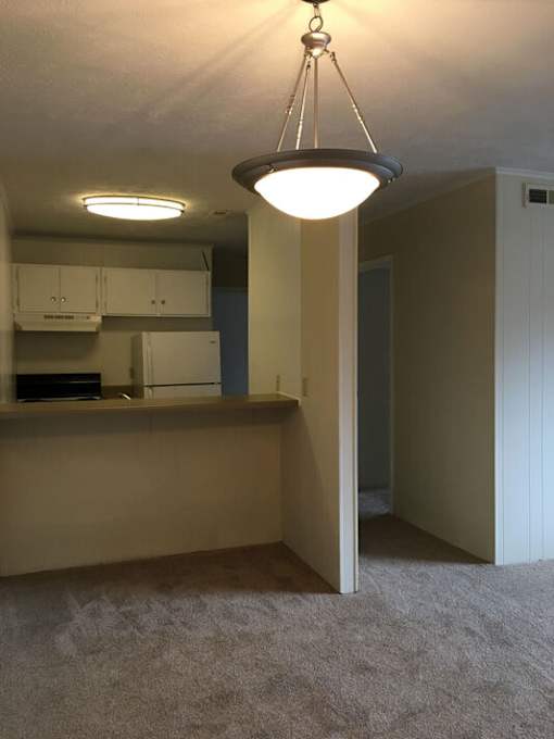A kitchen area with a hanging light fixture.