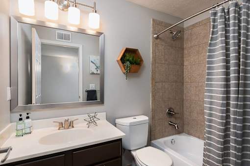 A bathroom with a white toilet, a sink, a mirror, and a shower.